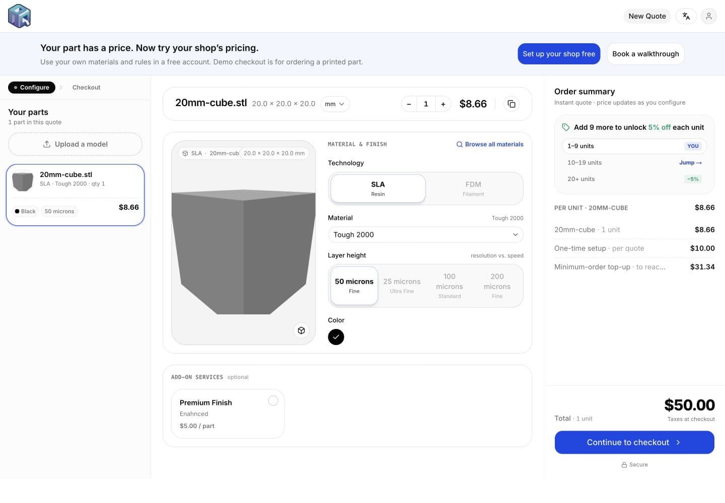 Customer quoting interface showing a 3D model, material choices, and the calculated price