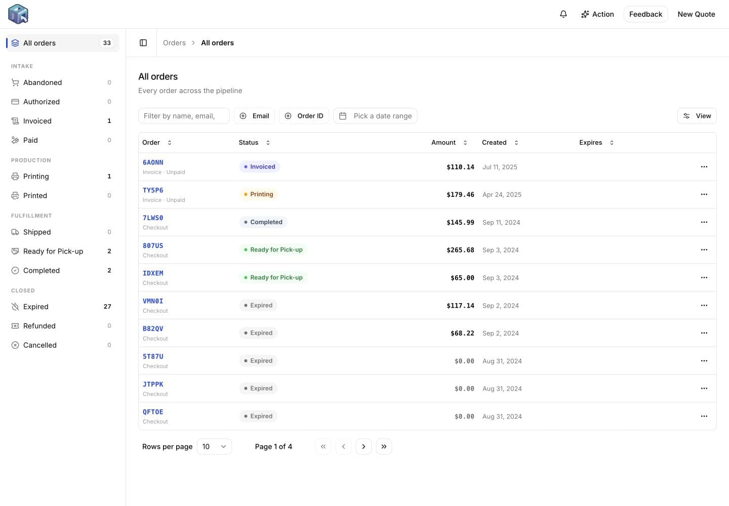 AutoQuote3D merchant dashboard organizing print orders by production status