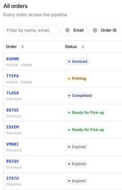 AutoQuote3D order list with each print order's production status
