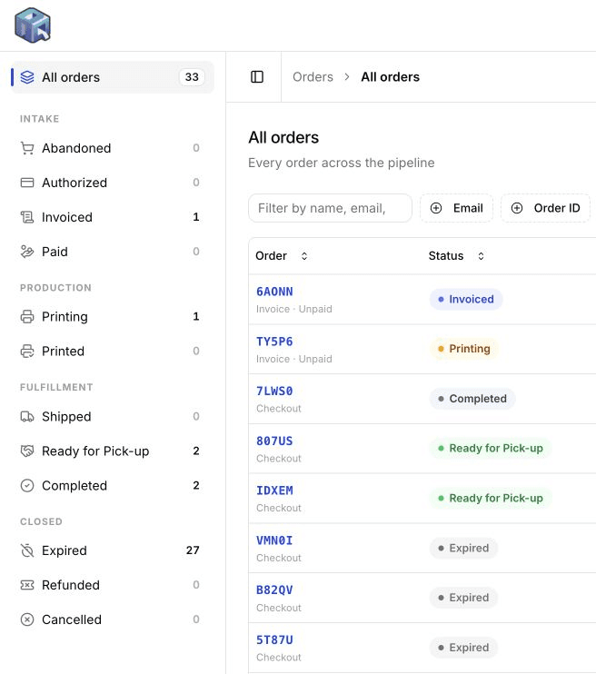 AutoQuote3D order dashboard with print jobs organized by production status